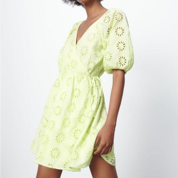 ZARA OPENWORK EMBROIDERED DRESS LIGHT YELLOW - Picture 6 of 12